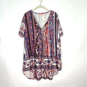 Simply Aster by Firmiana Red Blue White Floral Paisley Print Tunic Top Sz 1X